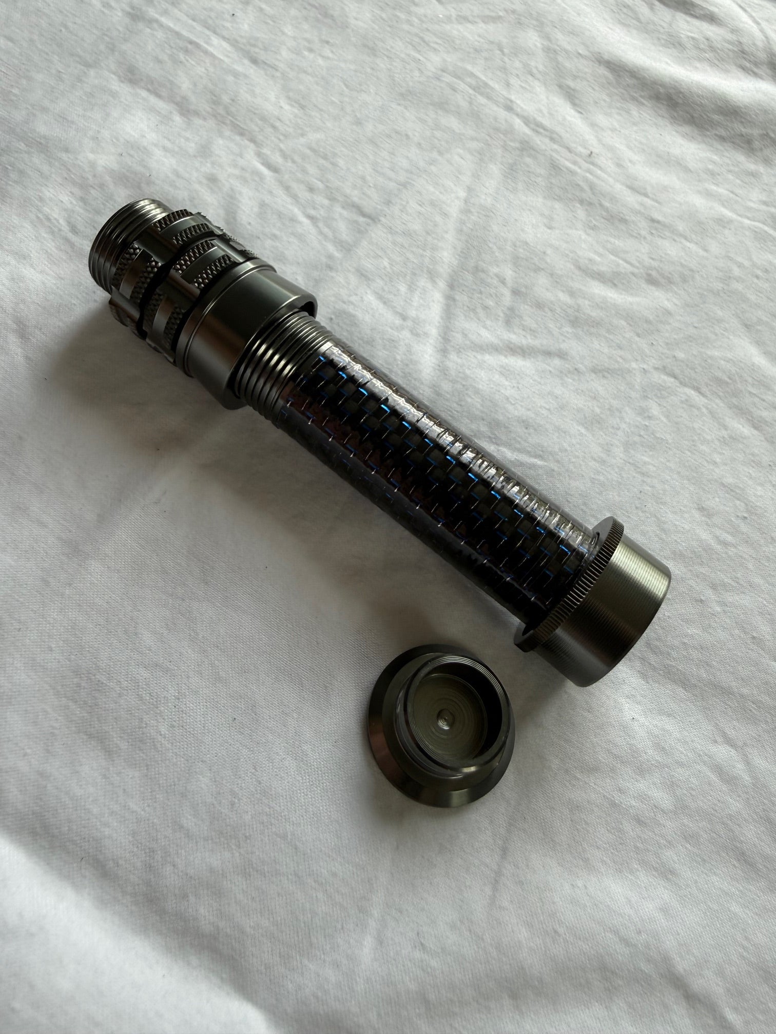 Aluminum Uplocking Fly Reel Seat with Carbon Fiber and Metallic Blue Speckles