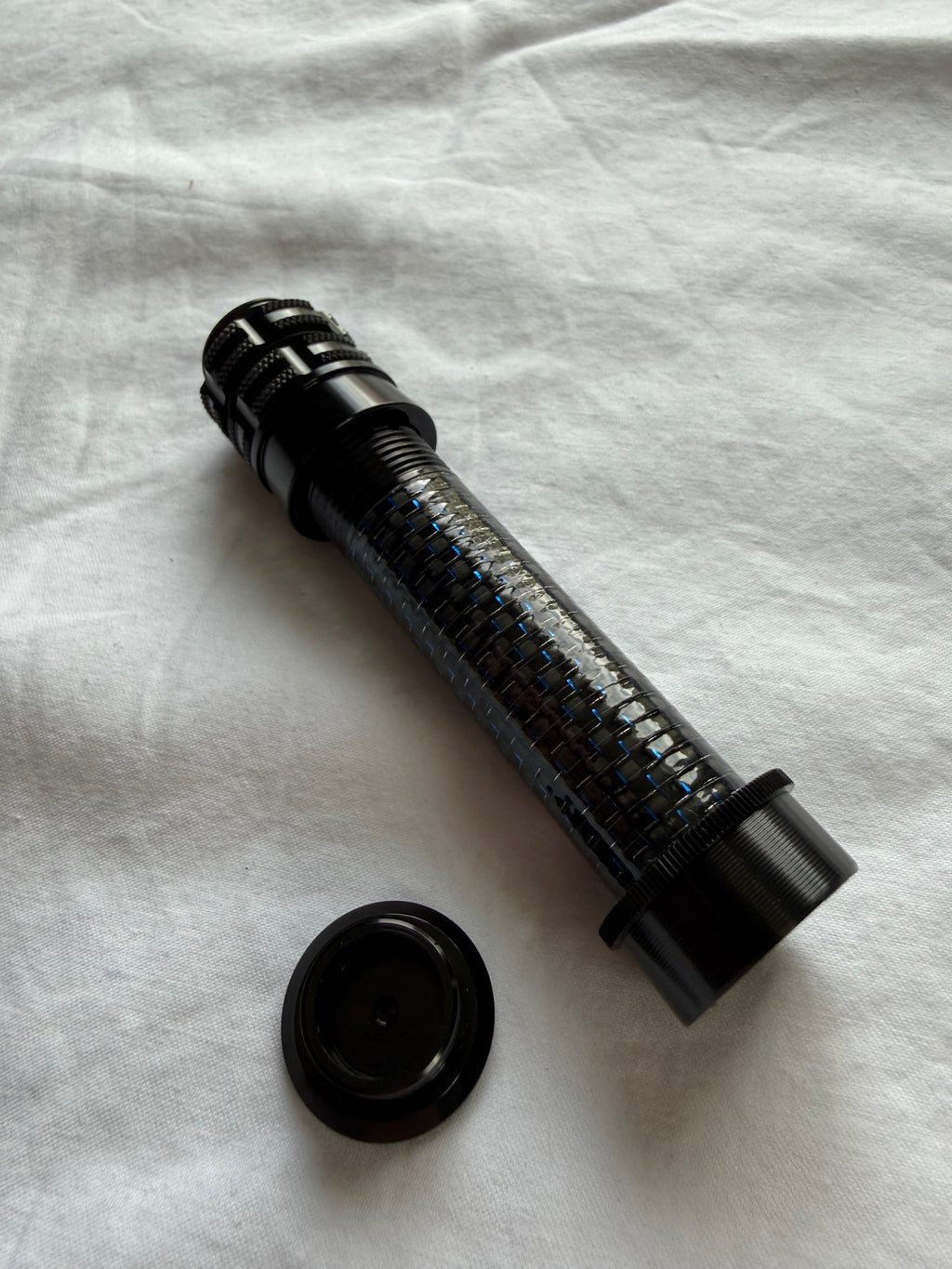 Aluminum Uplocking Fly Reel Seat with Carbon Fiber and Metallic Blue Speckles