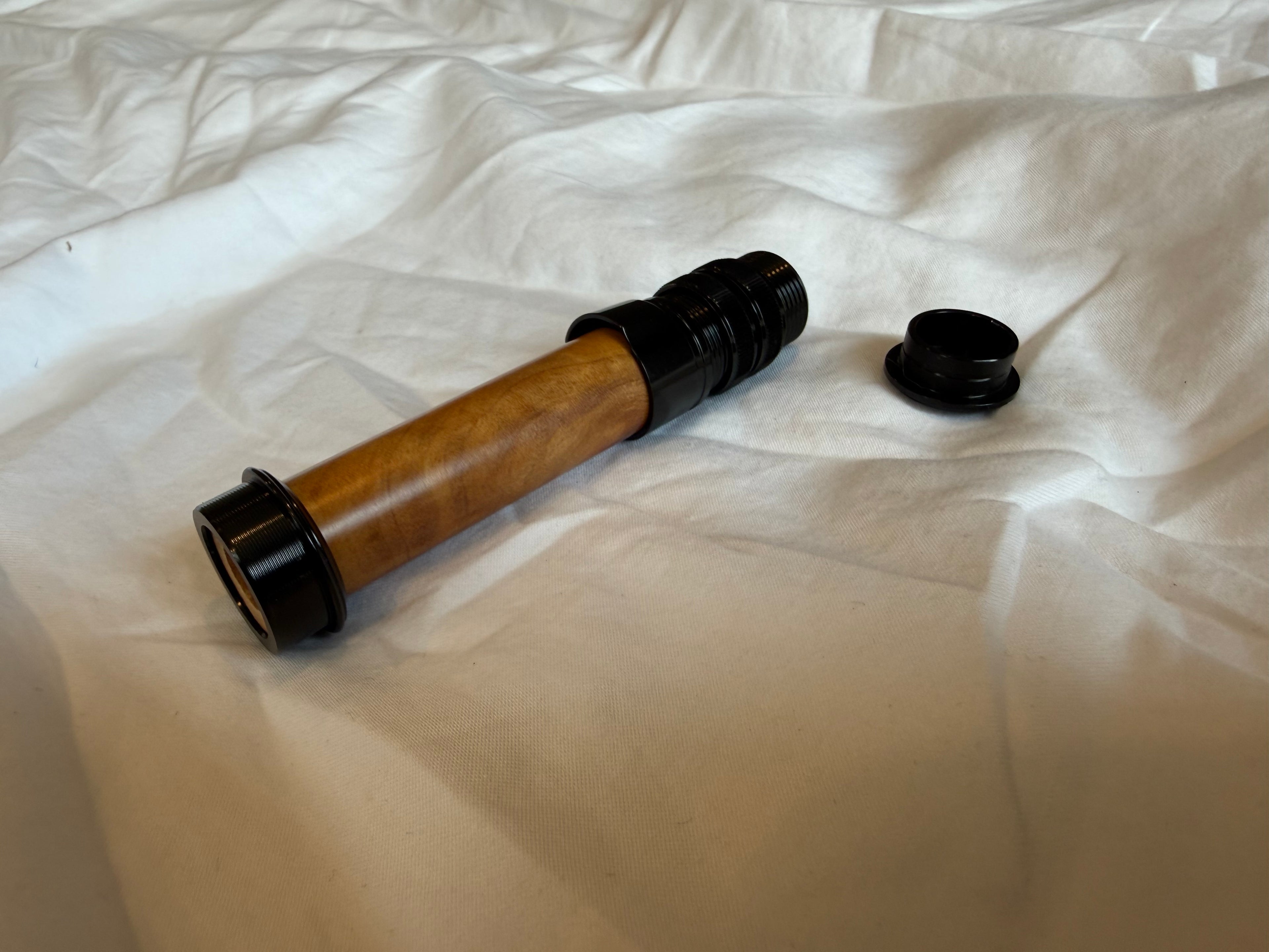 Light weight uplocking fly reel seat with burl wood insert