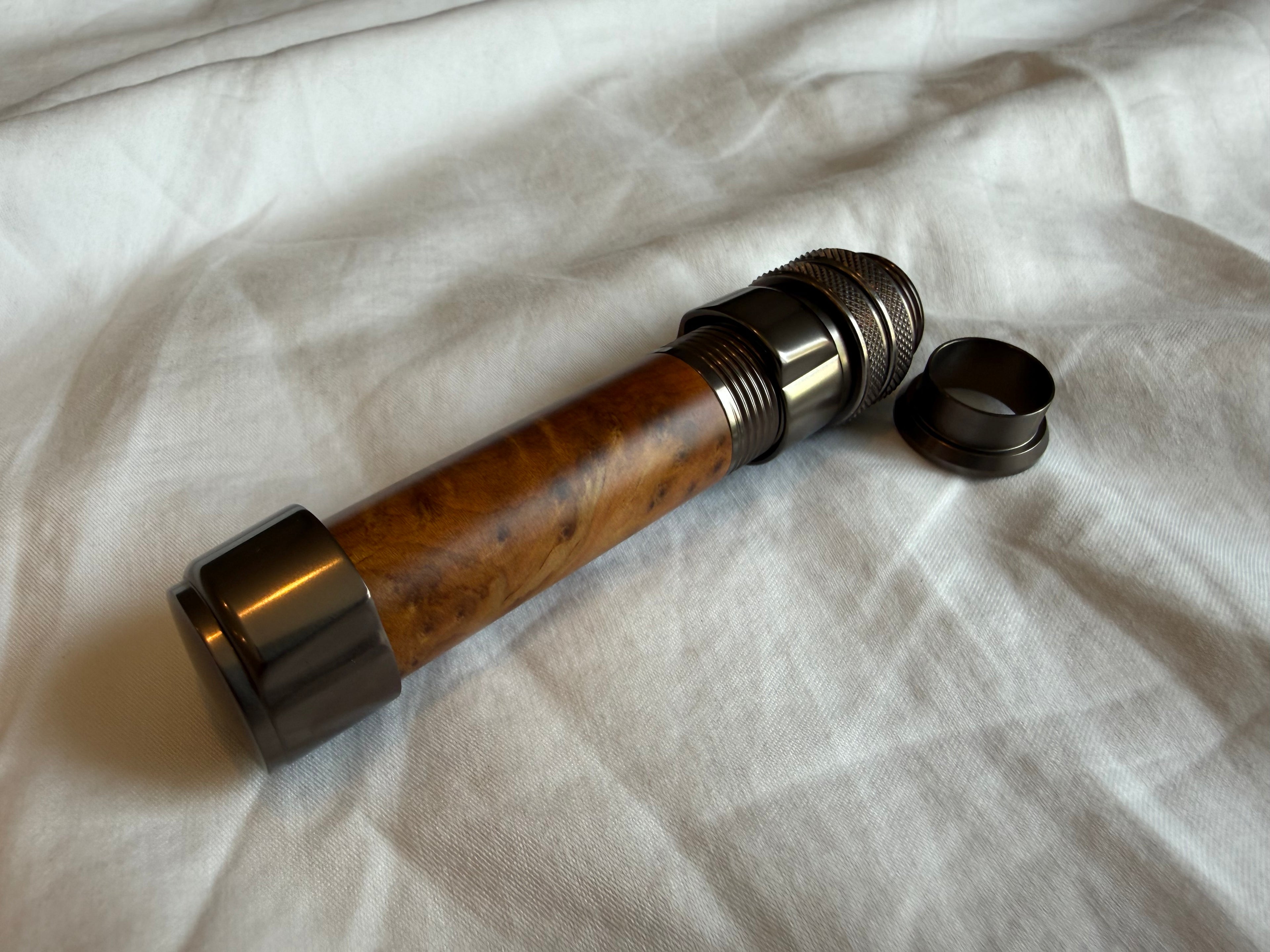 Light weight down locking fly reel seat with burl wood insert