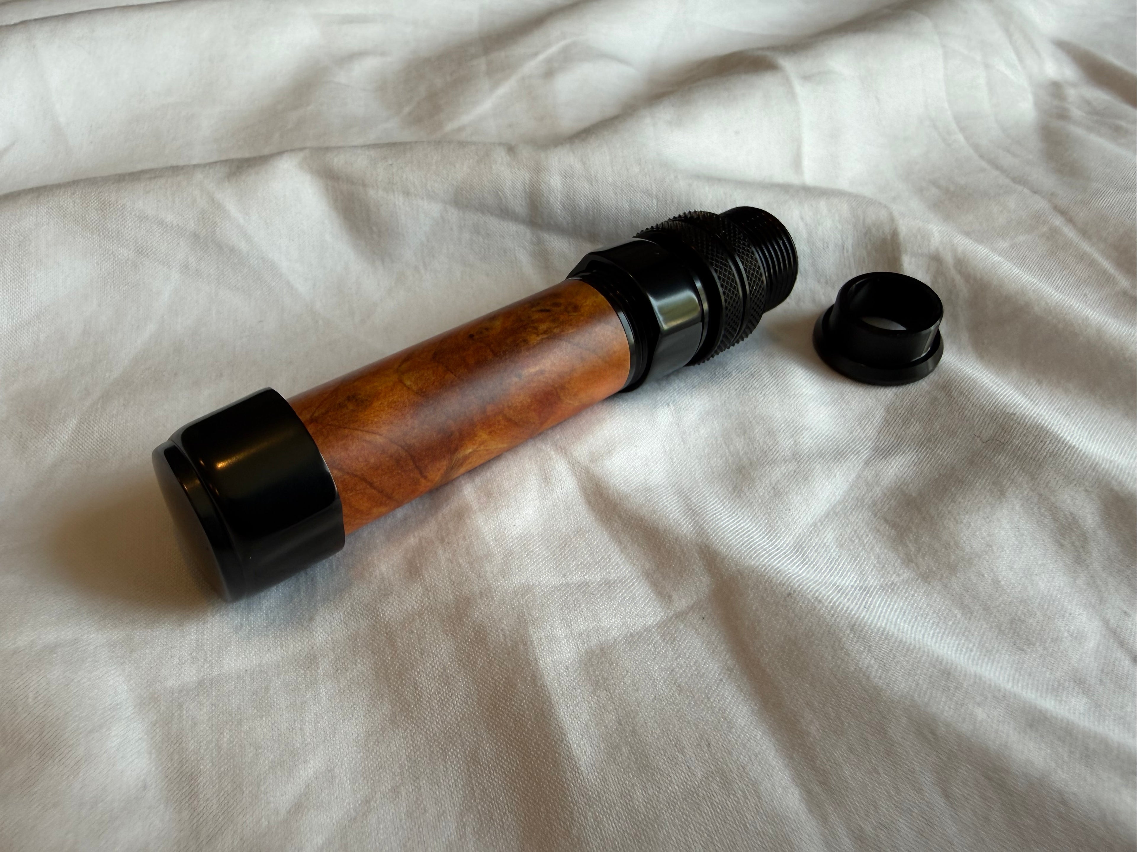 Light weight down locking fly reel seat with burl wood insert