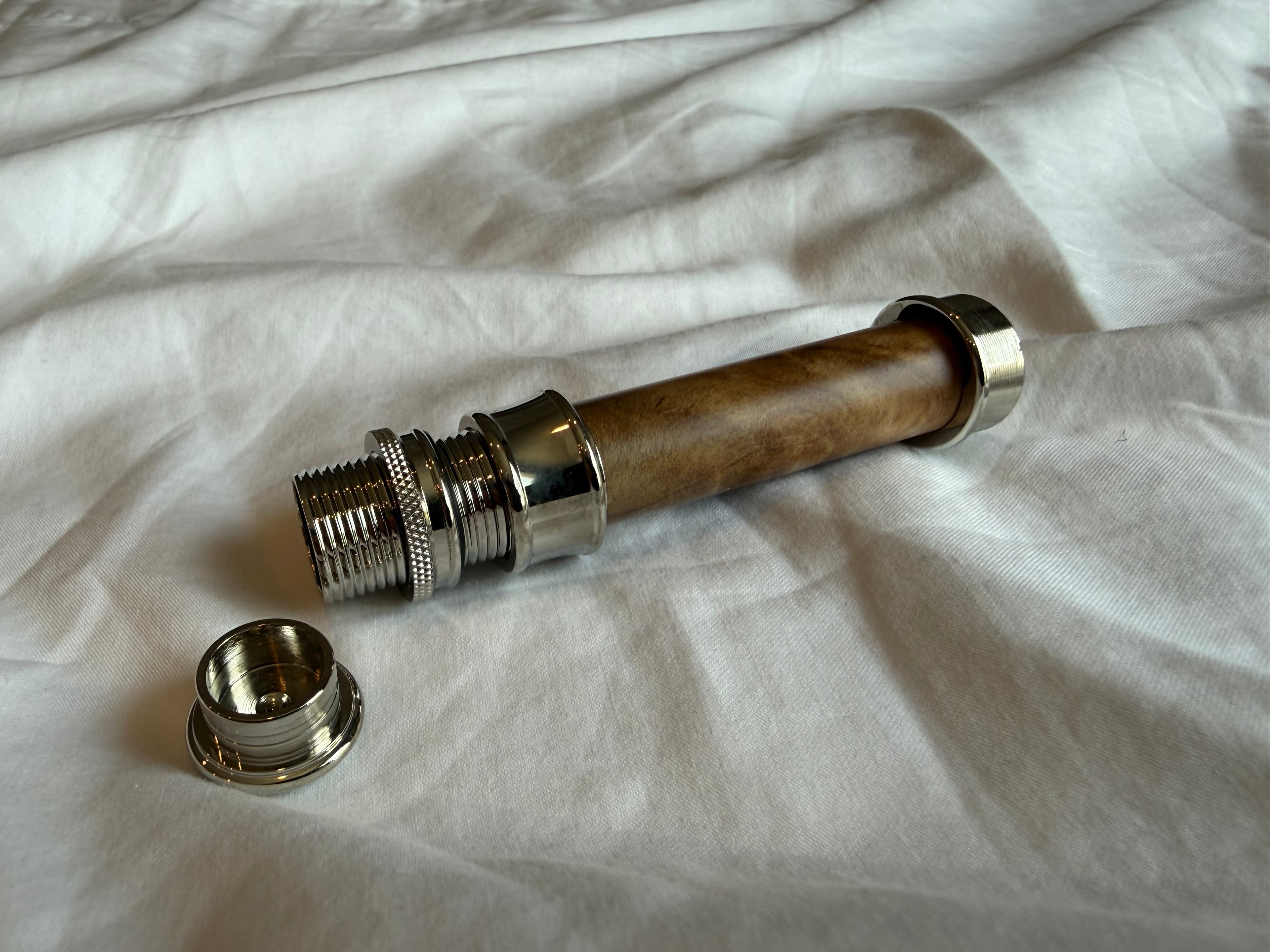 Uplocking fly reel seat in nickel finishes with burl wood insert