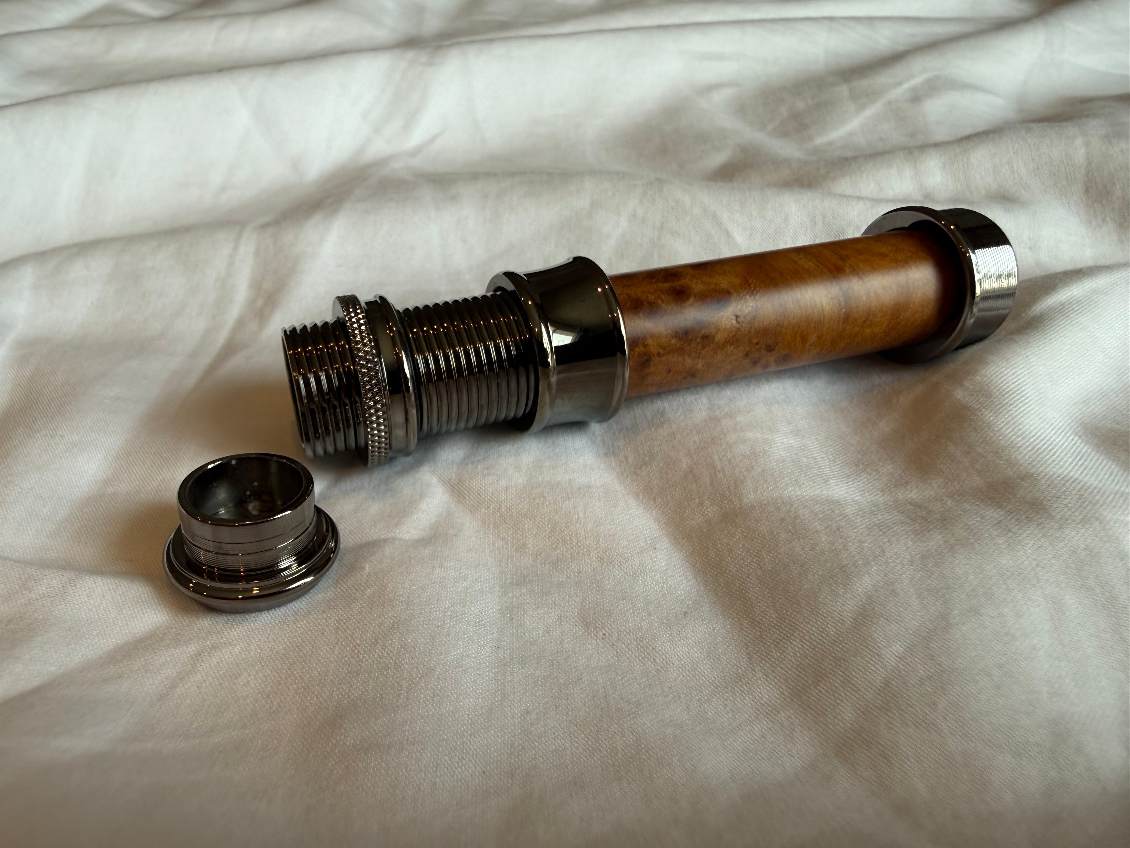 Uplocking fly reel seat in nickel finishes with burl wood insert